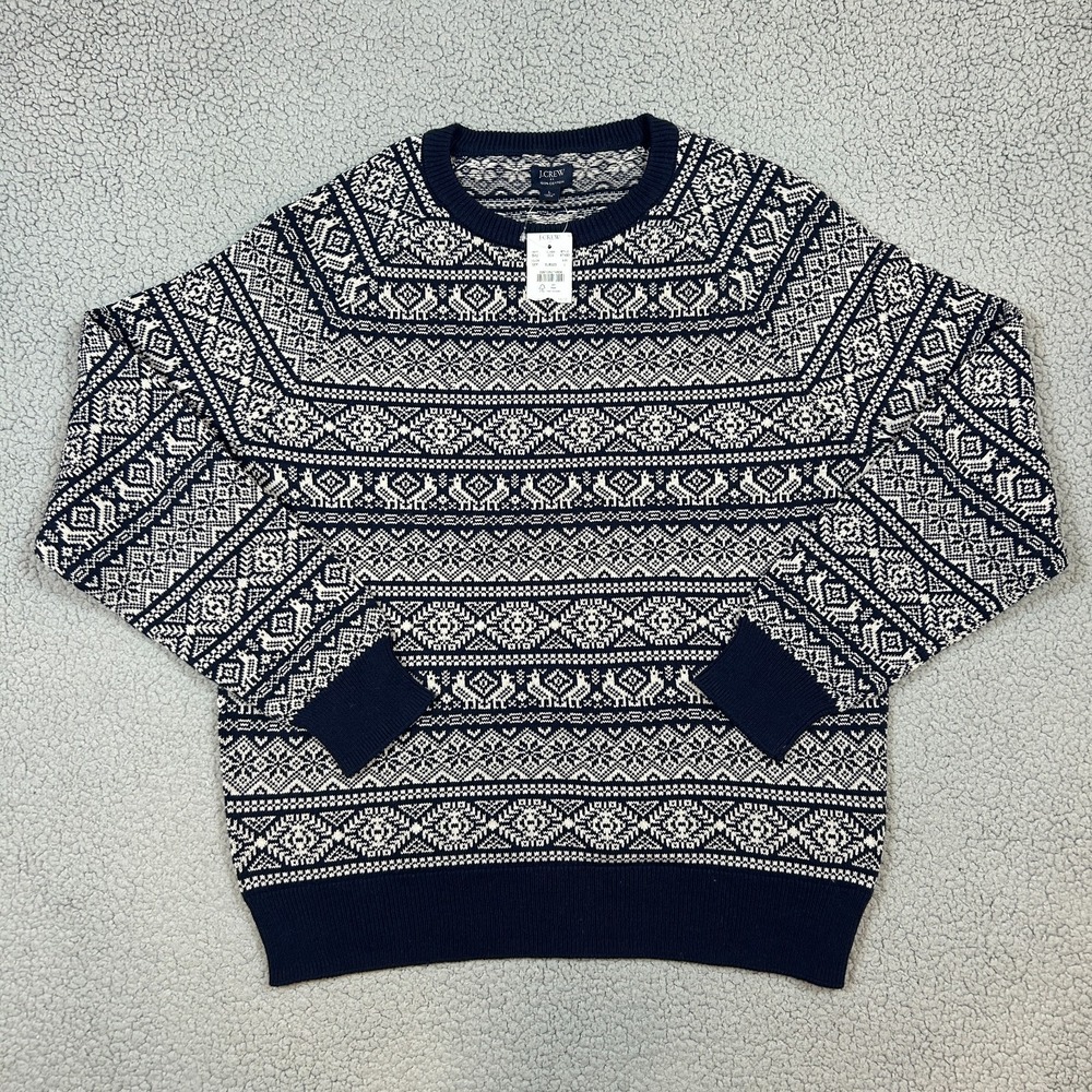 J.Crew 100% Cotton Crewneck Sweater Fair Isle Navy Size Large New With Tags‎